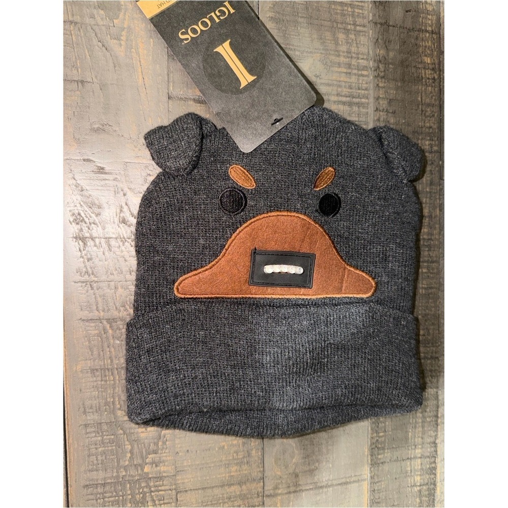 NWT Igloo Kids Dark Gray Bear Beanie with Brown Patch lights up LED